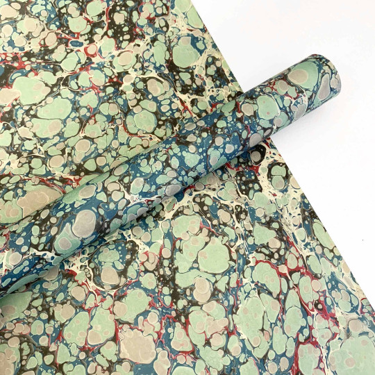 Hand Marbled Paper Stone Marble Pattern in Green and Red ~ Berretti Marbled Arts